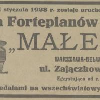 Fabryka Fortepianów Małecki. Ogłoszenie. 1928