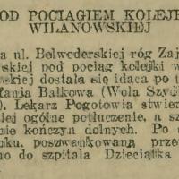 Na ul. Belwederskiej pod pociąg dostała się idąca po torze. 1929.