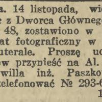 Zgubiony aparat, 1929