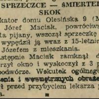Śmiertelny skok z okna po alkoholu. Olesińska 9. 1930.
