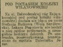 Na ul. Belwederskiej pod pociąg dostała się idąca po torze. 1929.