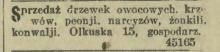 Ogłoszenie, ogrodnictwo, sprzedaż, Olkuska 15. 1930