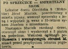 Śmiertelny skok z okna po alkoholu. Olesińska 9. 1930.