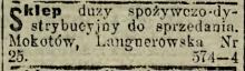 Sklep do sprzedania, 1914