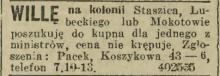 Ogłoszenie. Willę kupię dla ministra. 1936.